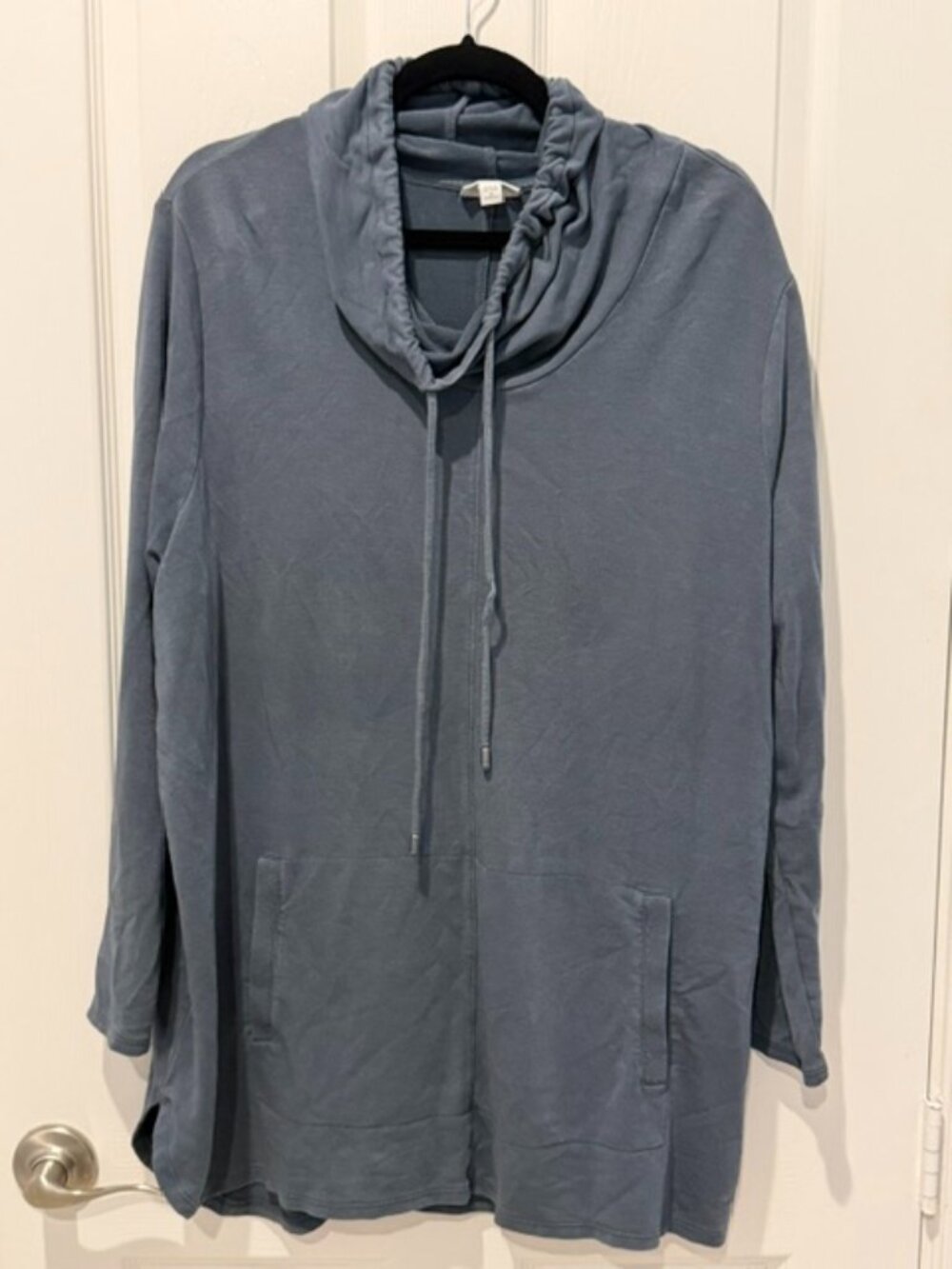 Pure Jill Luxe Tencel Hooded Lagenlook 2X Tunic Top Slate Blue Cowl Neck Relaxed